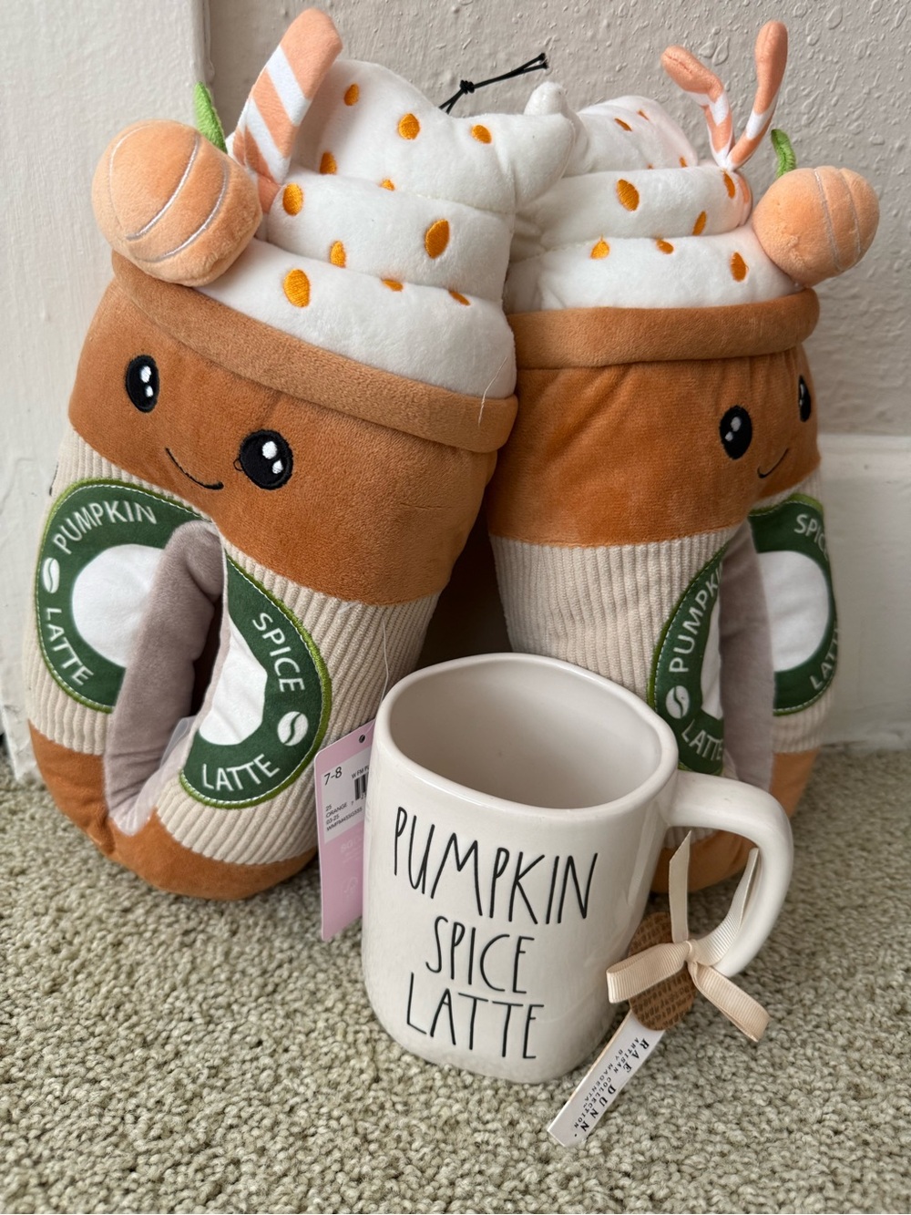 Rae Dunn & Pumpkin Spice Latte Plush Slippers Set - Brown/White -